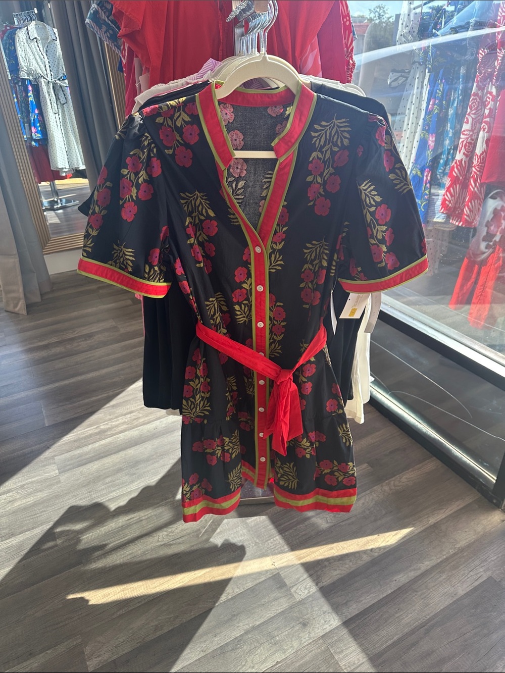 Kids Black Floral Button-Front Dress with Red Trim and Belt